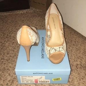 9.5 Tan & Lace Peep-toe Heels
